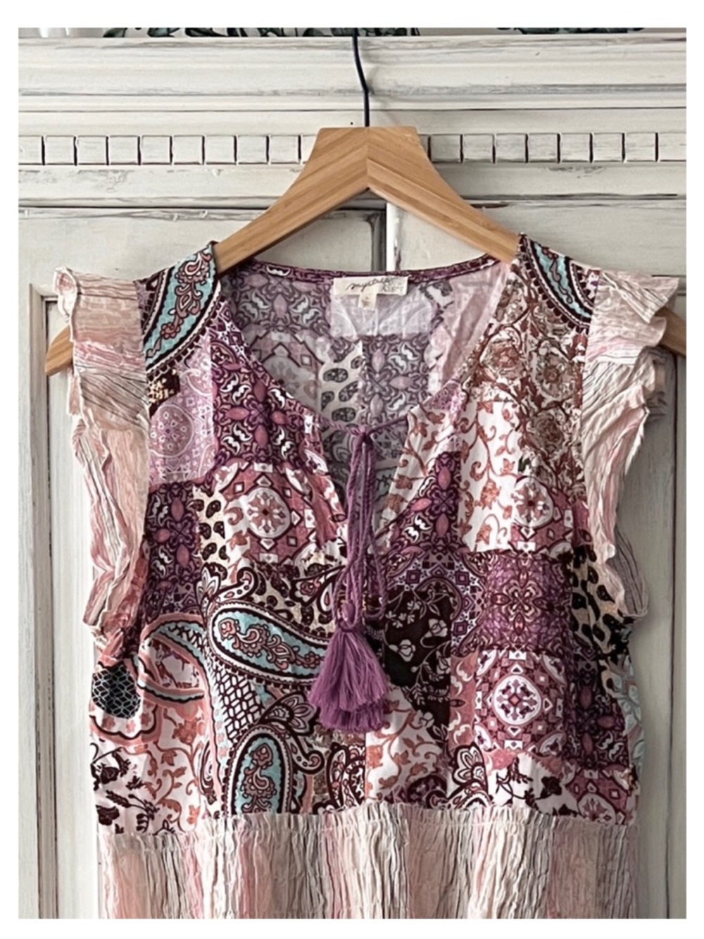 ๐ NET MYSTREE Boho Patchwork Ruffle Sleeve Tank SMALL - Picture 2 of 8